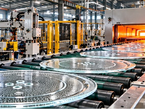 Microwave glass turntable plates on the roller line in our production workshop